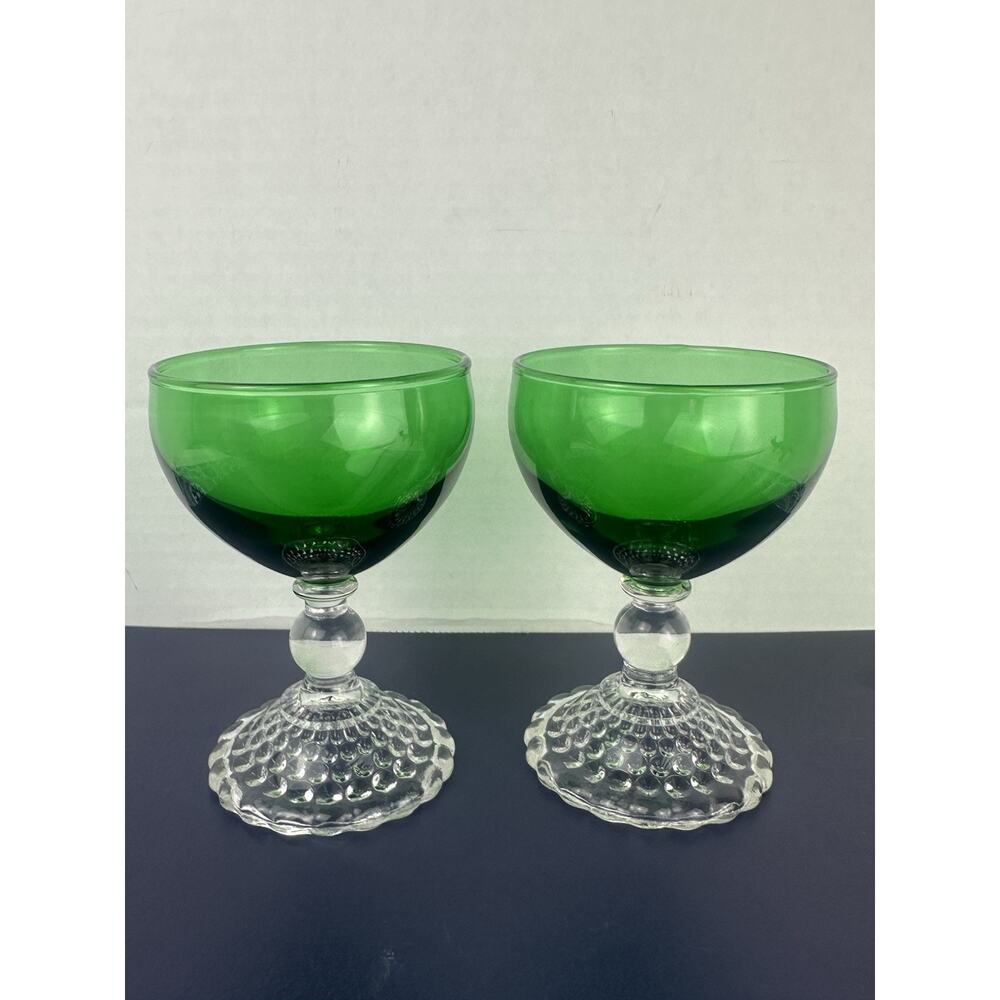 2 VTG Anchor Hocking Green Bubble Foot Champagne Sherbet Glasses MCM